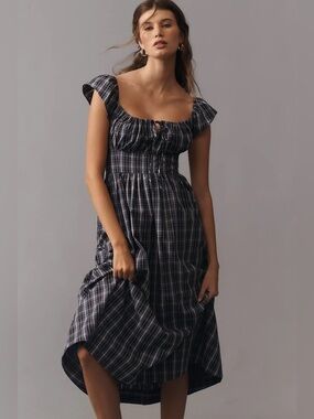 Anthropologie Flutter-Sleeve Square-Neck Midi Dress Color: Navy Plaid XL NWT